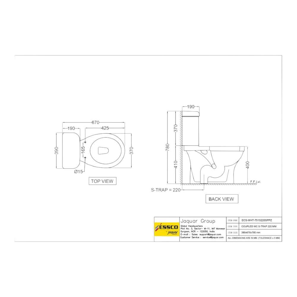 Essco Jaquar (ECS-WHT-751S220SPPZ) 390 x 670 x 780 mm (220 mm Strap) Bowl With Cistern For Coupled WC - White 1