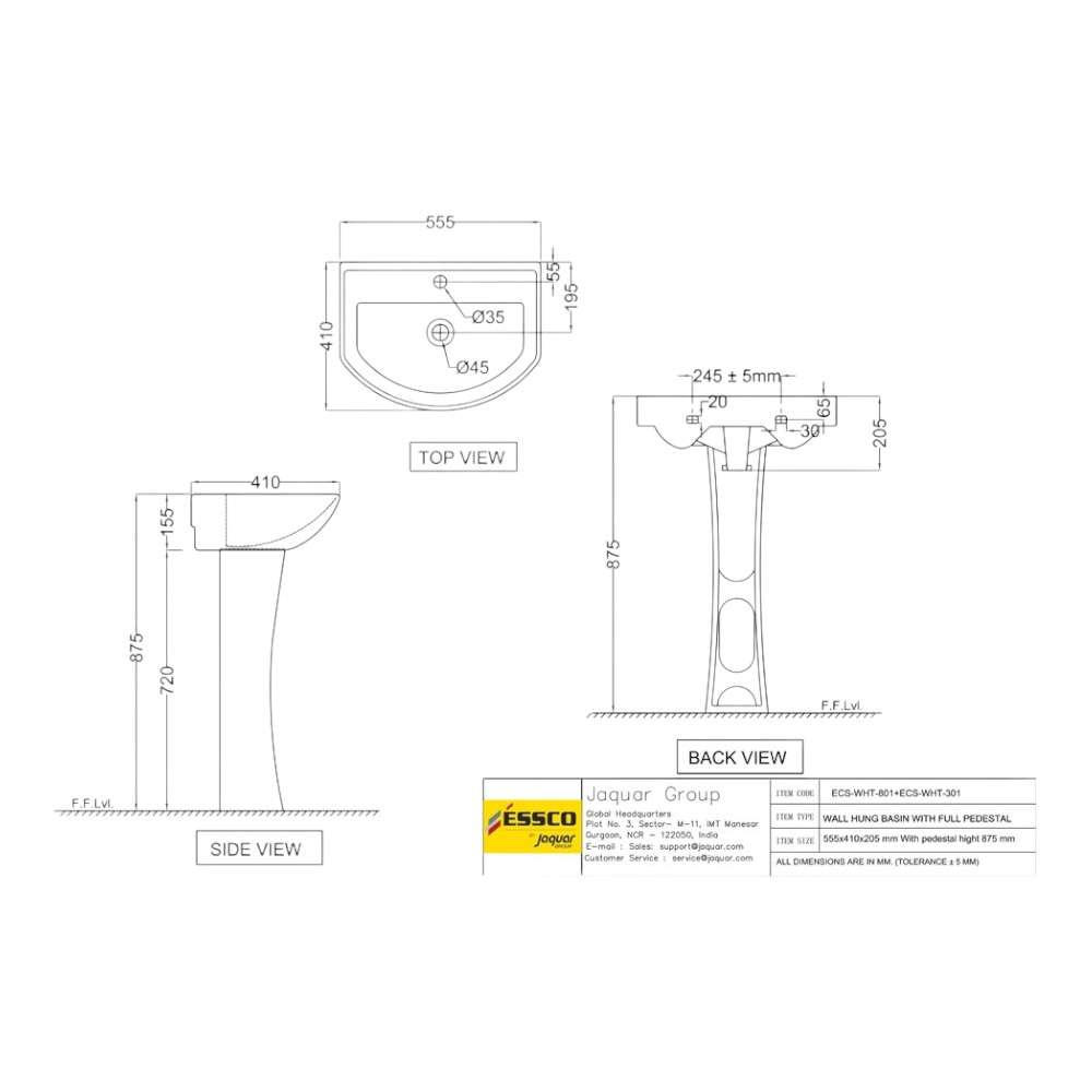 Essco Jaquar (ECS-WHT-801 + ECS-WHT-301) 555 x 410 x 205 mm Full Pedestal Wall Hung Basin With Fixing Accessories - White 1