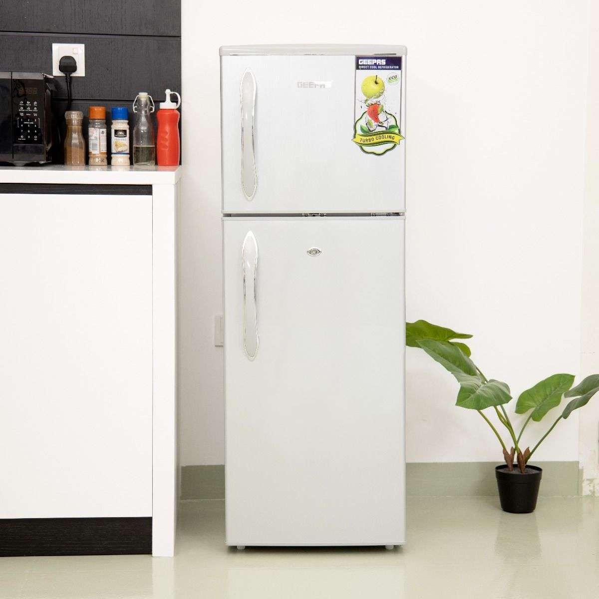 Geepas Double Door Refrigerator Fast Cooling & Preserves Freshness with Energy Efficient 3