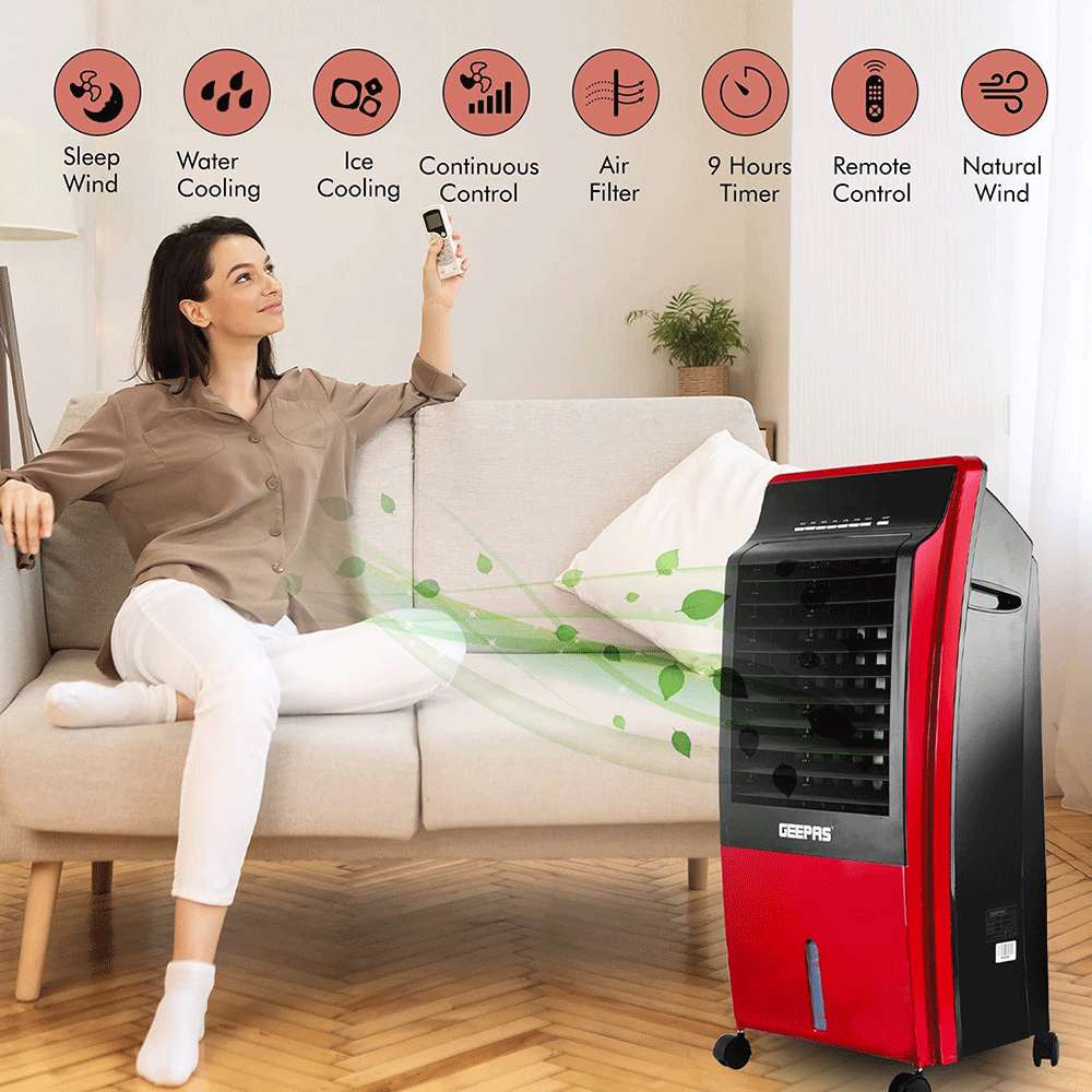 Geepas Air Cooler & Humidifier 3 Modes (Normal/Natural/Sleep) with Indicator Lights Auto Horizontal Swing 10