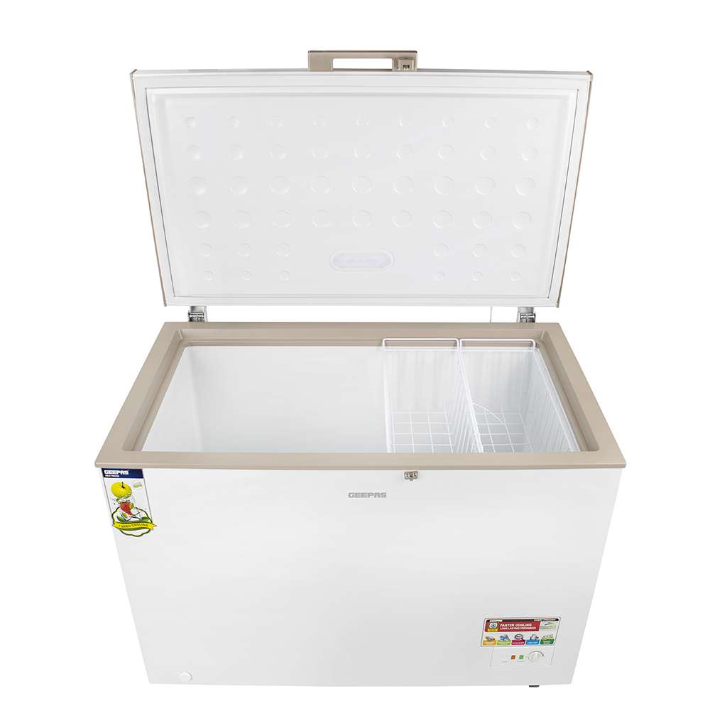 Geepas 300L Chest Freezer Compact Refrigerator with LED Light & Portable 2Pcs Food Basket