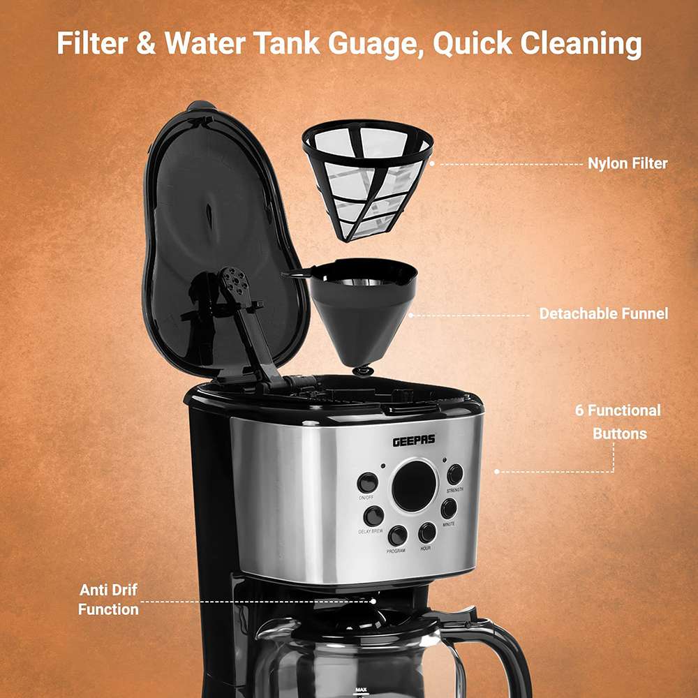 Geepas 1.5L Digital Filter Coffee Machine Anti-Slip Feet & Permanent Nylon Filter 900W 5