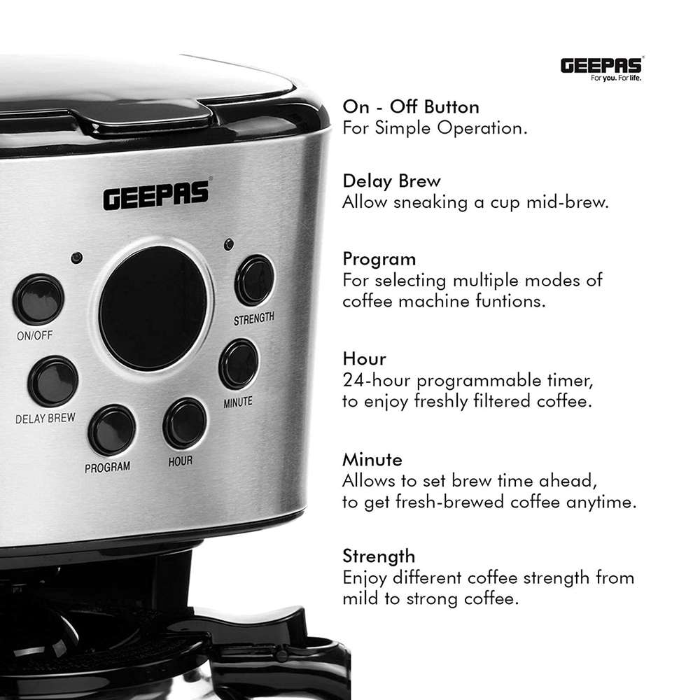 Geepas 1.5L Digital Filter Coffee Machine Anti-Slip Feet & Permanent Nylon Filter 900W 2