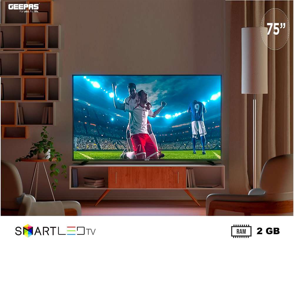 Geepas 75" Smart LED TV 2GB RAM 3 HDMI & 2 USB Ports Wi-Fi Android 9.0 with E-Share 0