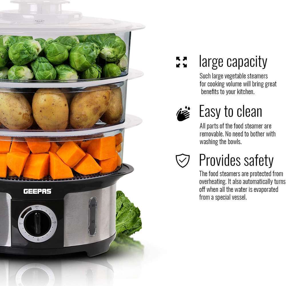 Geepas 12L Food Steamer Water Level Indicator3 Transparent PC Bowls 1000W 2