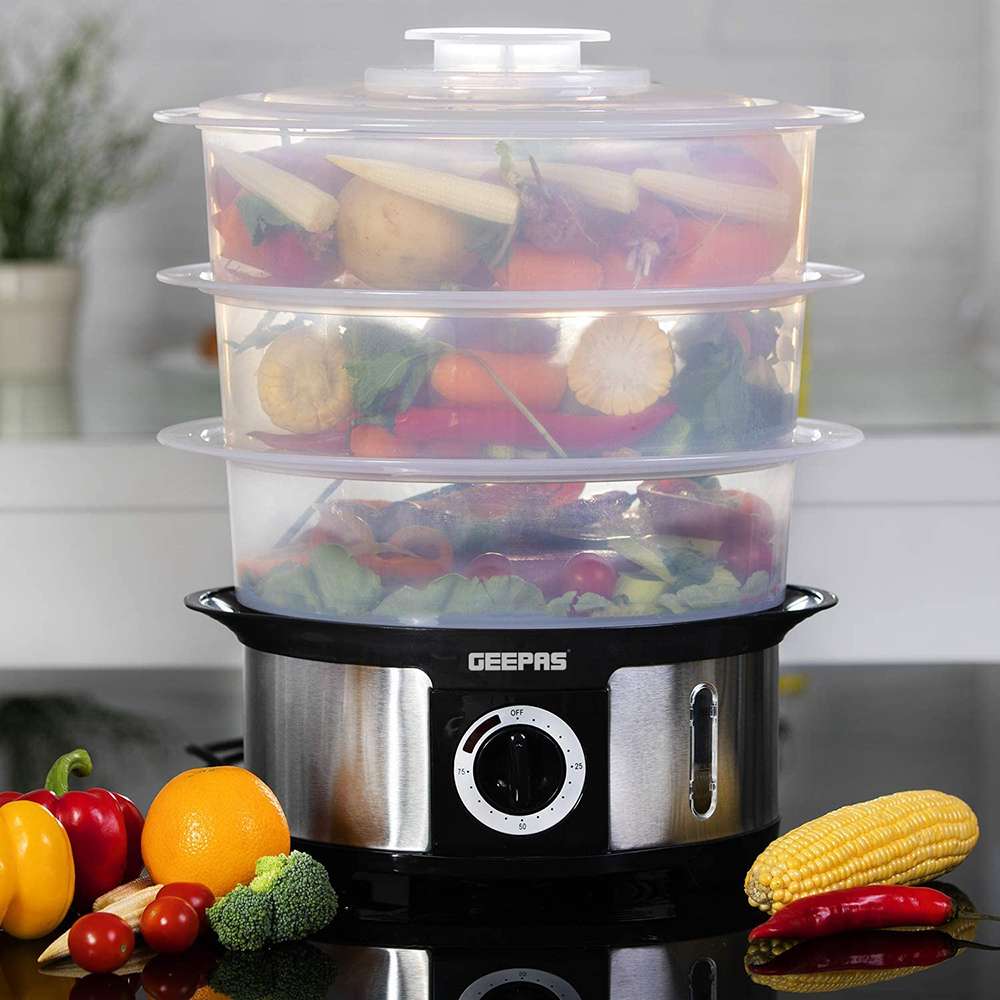 Geepas 12L Food Steamer Water Level Indicator3 Transparent PC Bowls 1000W 5