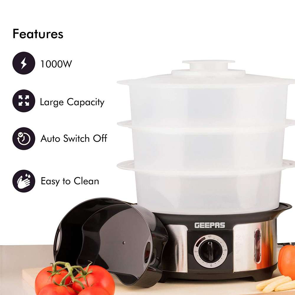 Geepas 12L Food Steamer Water Level Indicator3 Transparent PC Bowls 1000W 7