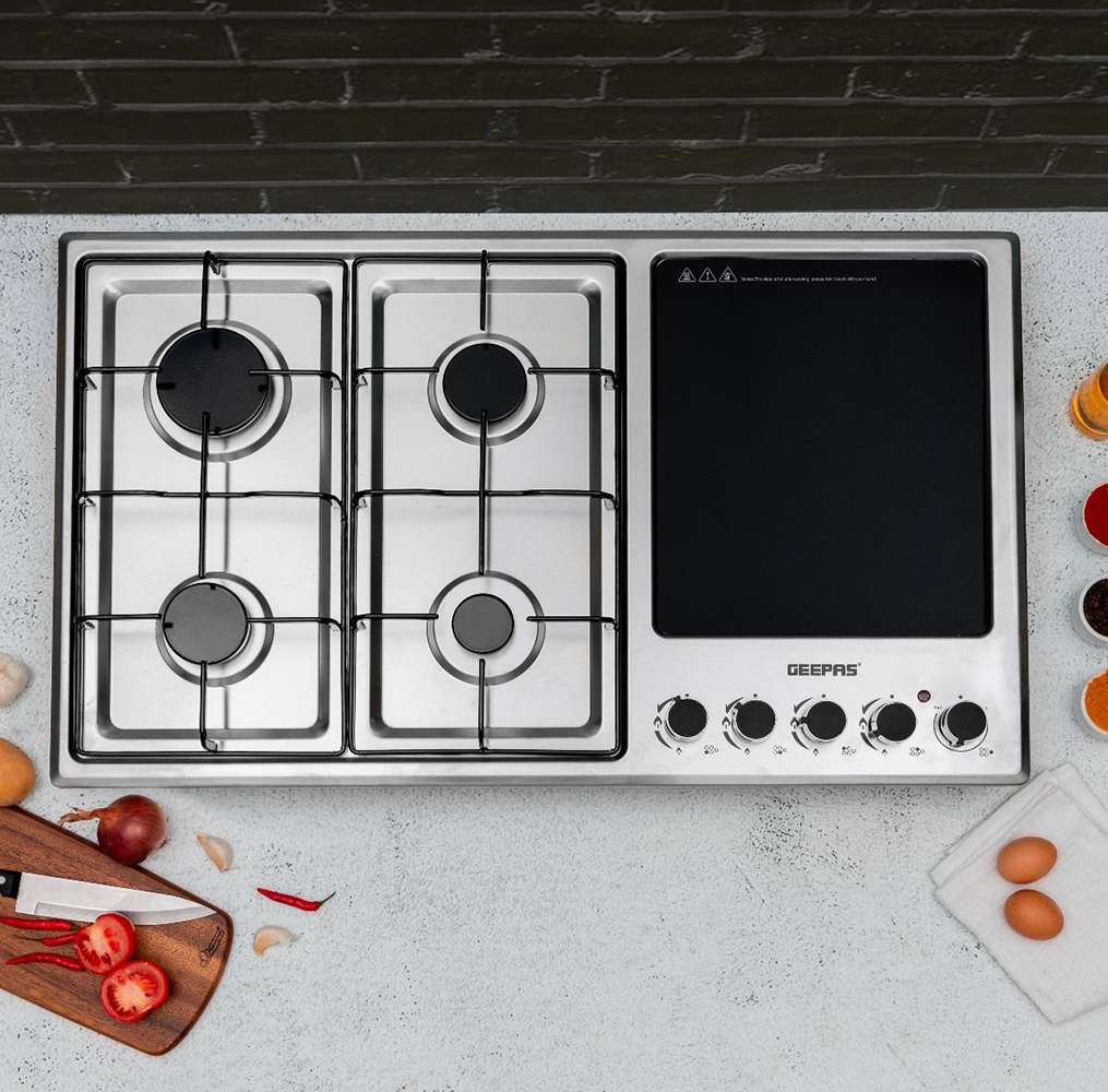 Geepas Stainless Steel Built-In Gas Electric Hot Plate Hob, Automatic Ignition System, 4 Burners & 1 Hot Plate 0