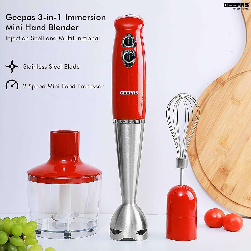 Geepas 3-In-1 Multifunction Hand Blender with 860ML Chopper Bowl & Whisk Attachments 400 W 5