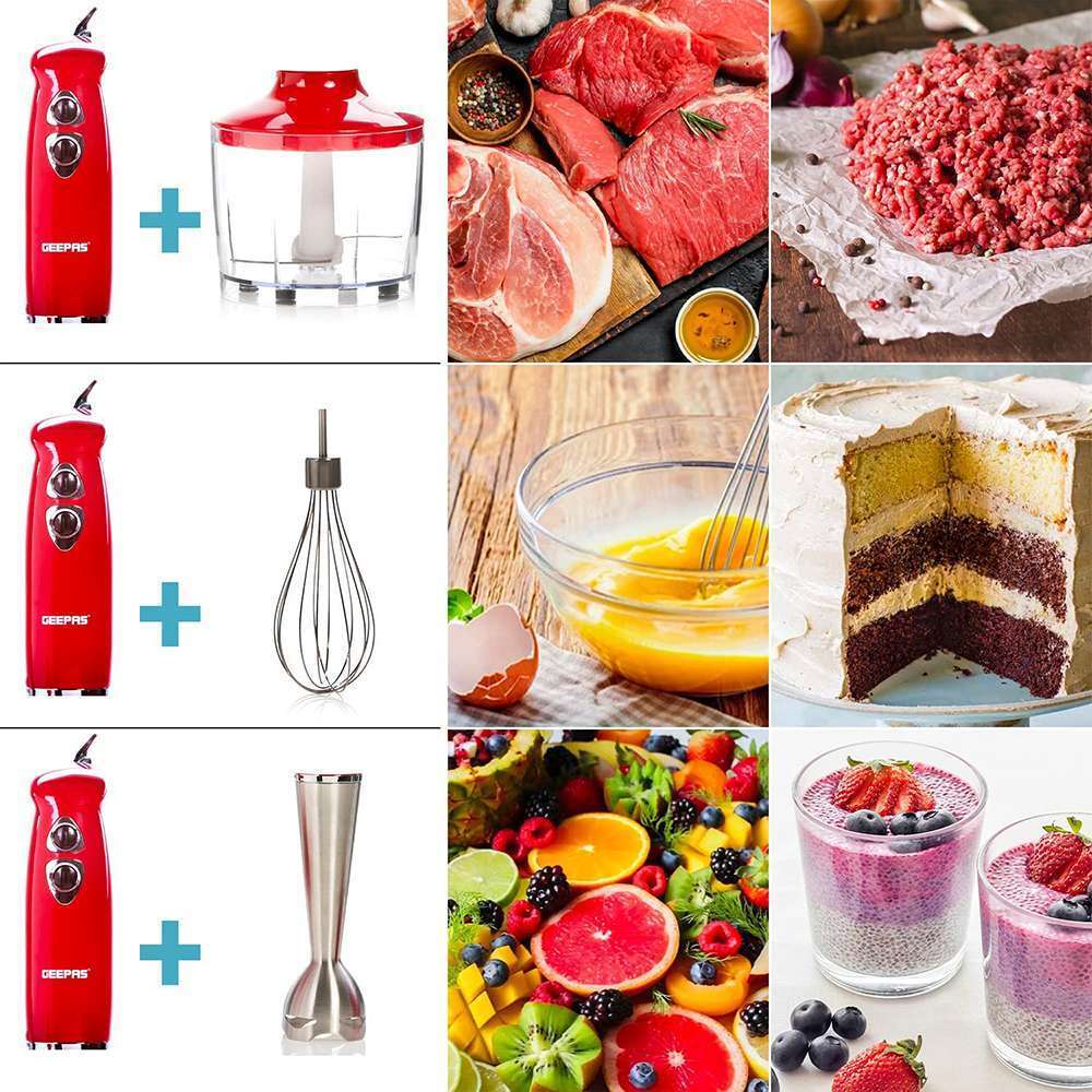 Geepas 3-In-1 Multifunction Hand Blender with 860ML Chopper Bowl & Whisk Attachments 400 W 6