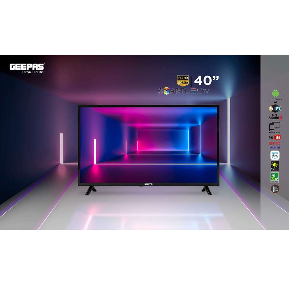 Geepas 40" Android 8.0 Smart LED TV Slim Led 3.5mm 2 HDMI & Hi-High USB Ports Wifi with E-Share 3