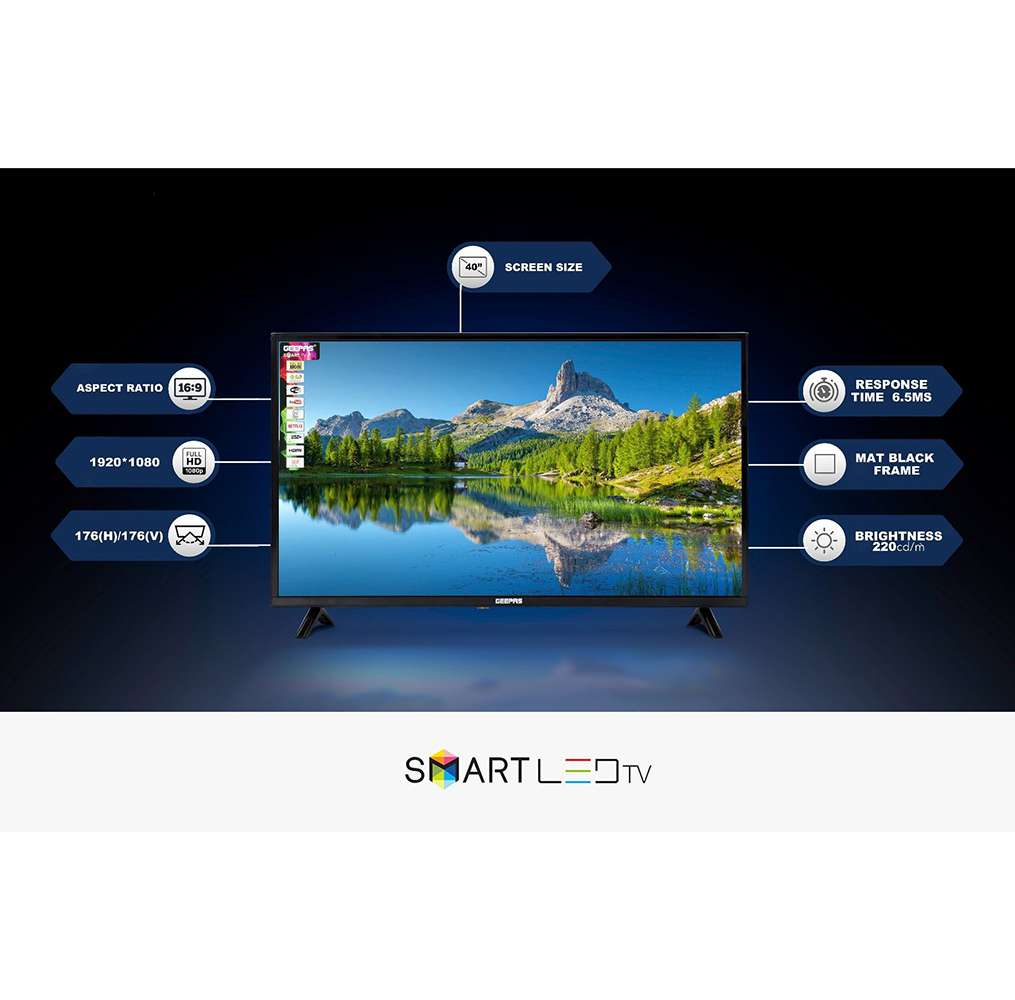 Geepas 40" Android 8.0 Smart LED TV Slim Led 3.5mm 2 HDMI & Hi-High USB Ports Wifi with E-Share 4