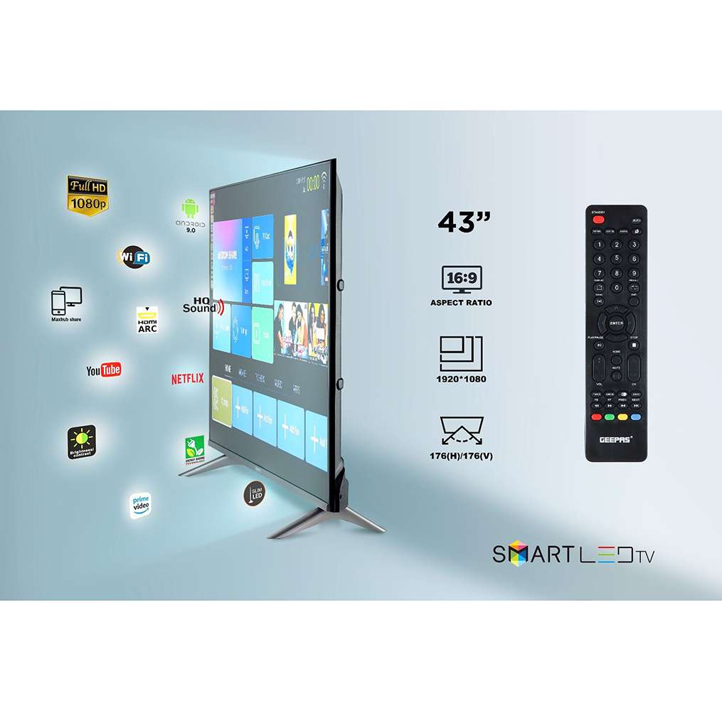 Geepas 43" Android Smart LED TV Wi-Fi & Android 8.0 with E-Share & Mirror Cast 2 HDMI & 2 Hi-High USB Ports 2