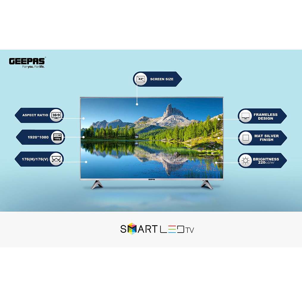 Geepas 43" Android Smart LED TV Wi-Fi & Android 8.0 with E-Share & Mirror Cast 2 HDMI & 2 Hi-High USB Ports 3