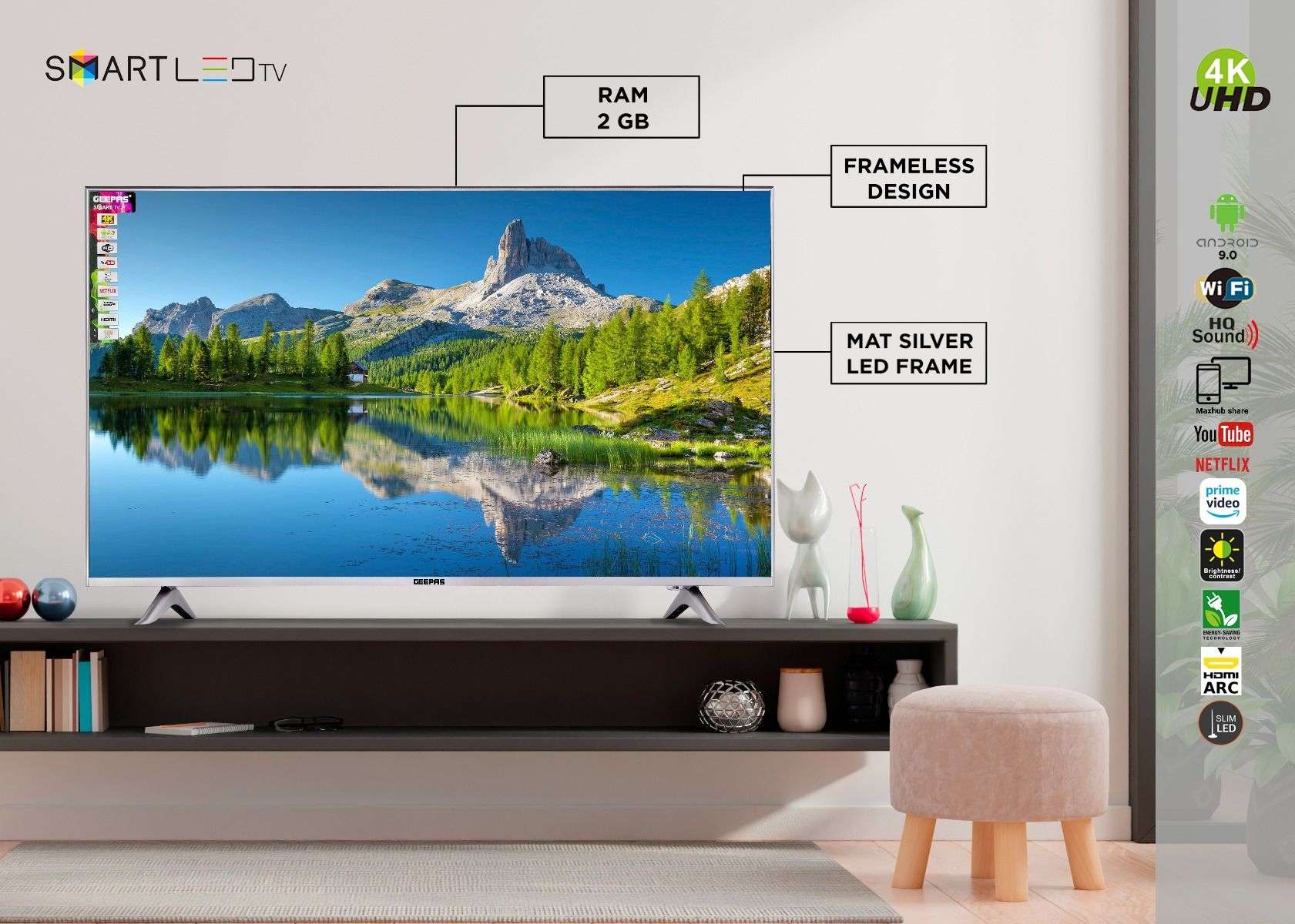 Geepas 50" Android 8.0 Smart LED TV Slim Led with 2 HDMI 2 Hi-High USB Ports Wifi with E-Share & Mirror Cast 6