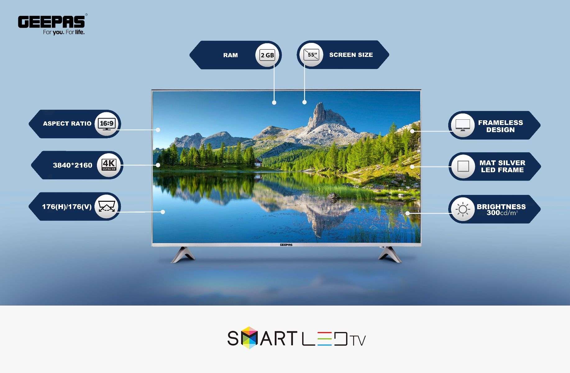 Geepas 55" 7.0 Android Smart LED TV 4K Ultra HD 2 HDMI & 2 Hi-High USB Ports with E-Share & Mirror Cast 3