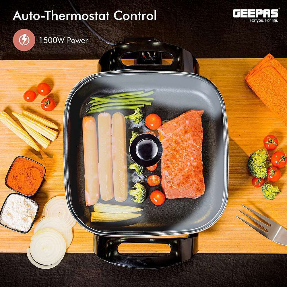 Geepas Large Multi CookerAluminium Multifunctional Electric Skillet Auto-Thermostat Control 1500W Black 1