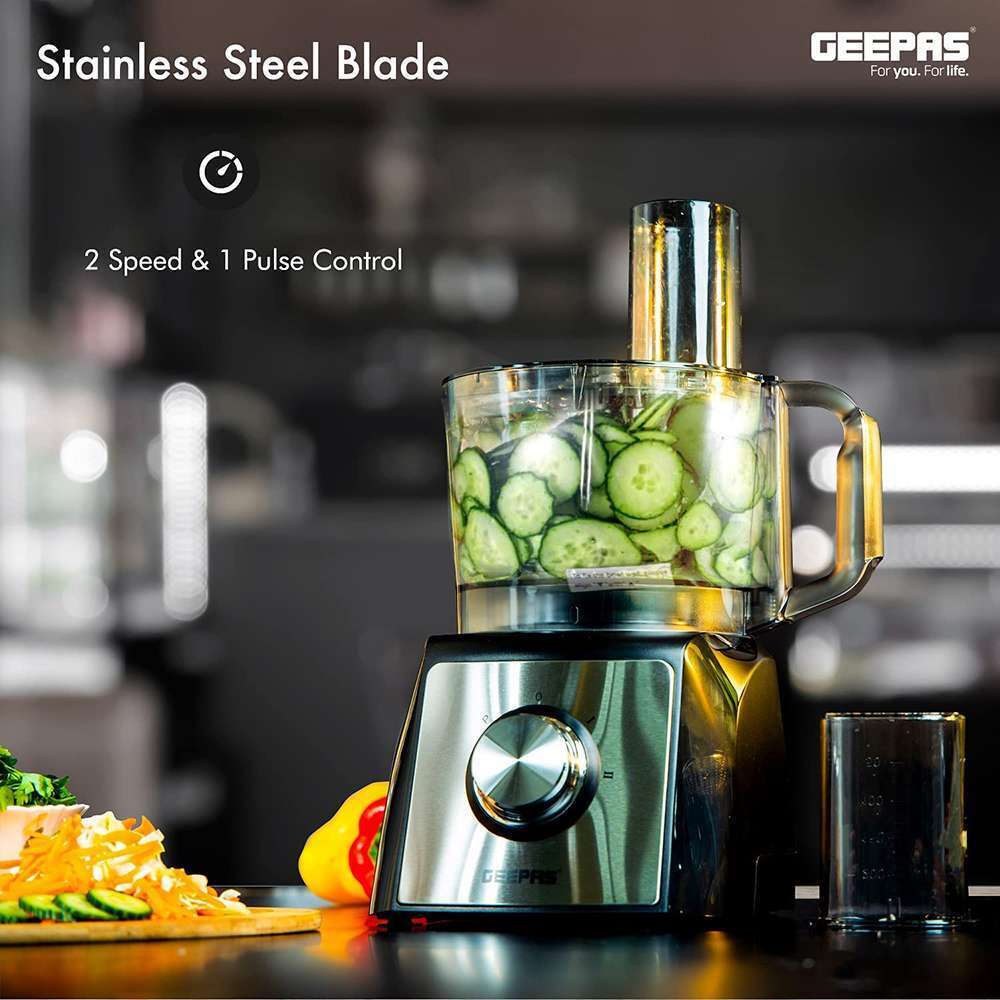 Geepas 1.2L Compact Food ProcessorSelf-Sharpening Stainless-Steel Blades 1200W 6