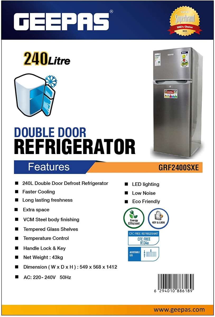 Geepas 240L Double Door Refrigerator Defrost Refrigerator Fast Cooling & Long-Lasting Freshness 3