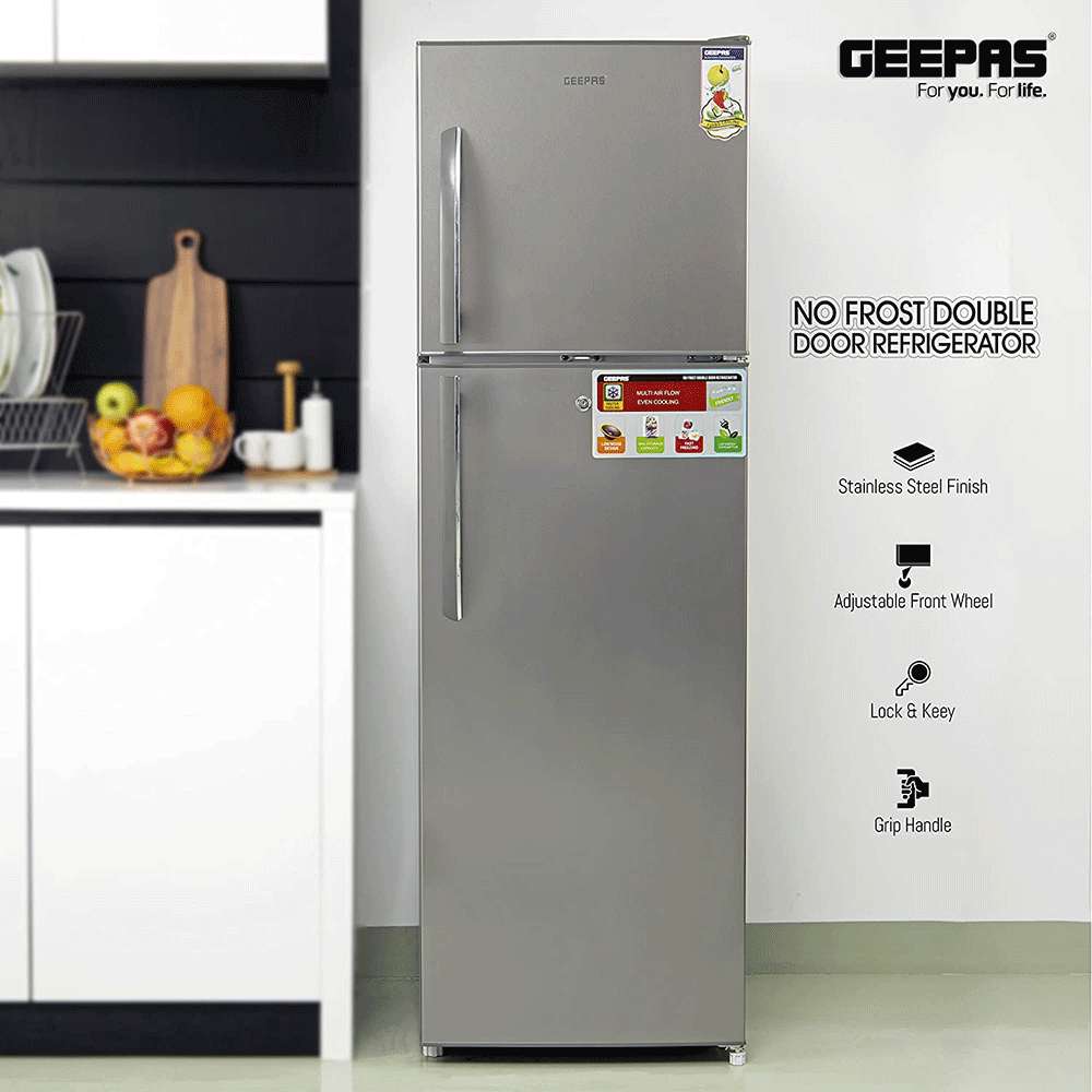 Geepas 320L Double Door Refrigerator Recessed Handle Low Noise & Low Energy Consumption 4