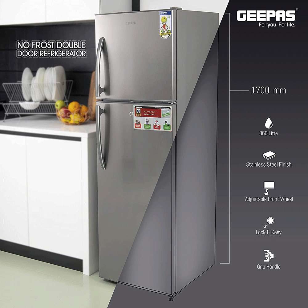 Geepas 320L Double Door Refrigerator Recessed Handle Low Noise & Low Energy Consumption 5