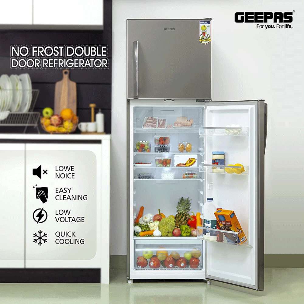 Geepas 320L Double Door Refrigerator Recessed Handle Low Noise & Low Energy Consumption 6