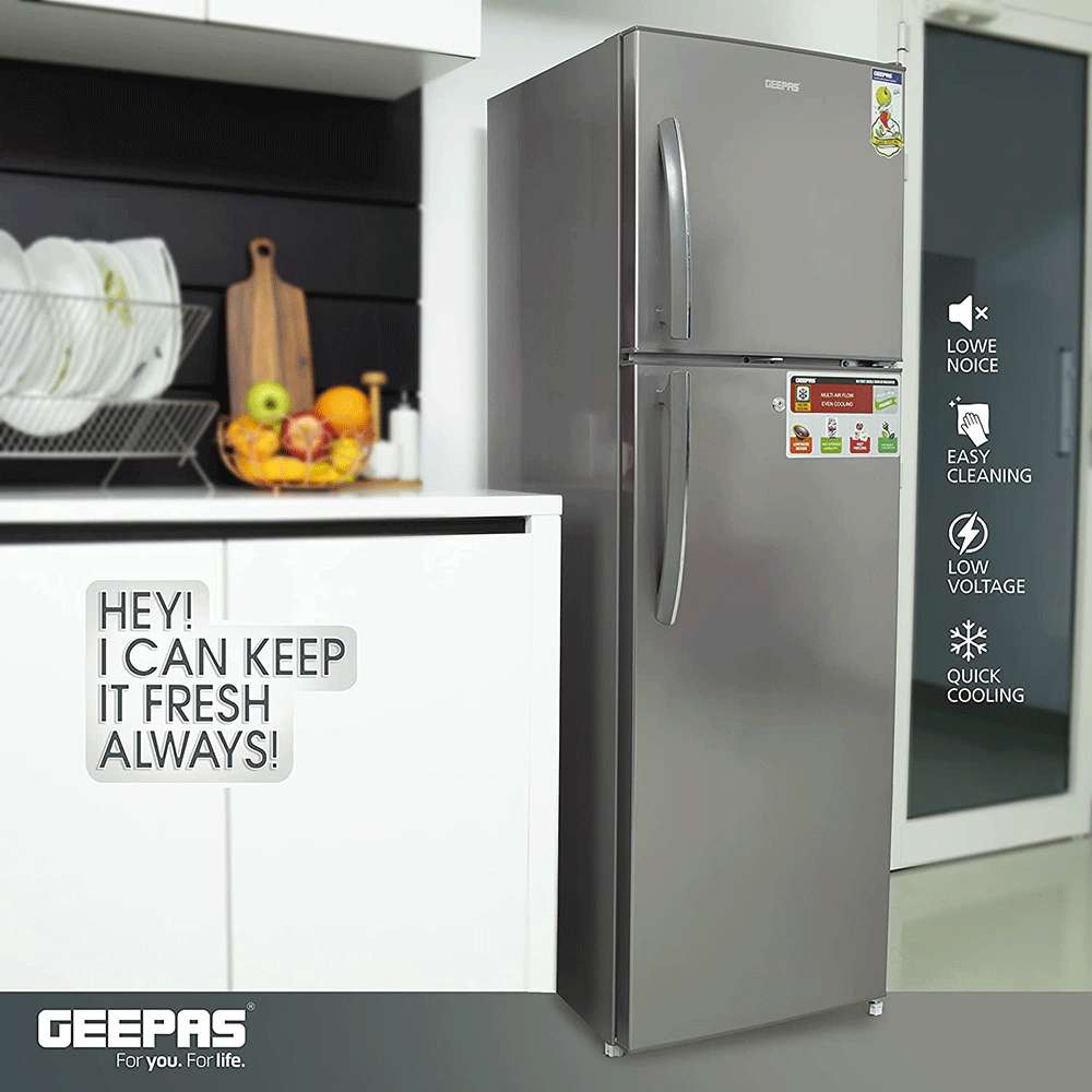Geepas 320L Double Door Refrigerator Recessed Handle Low Noise & Low Energy Consumption 8