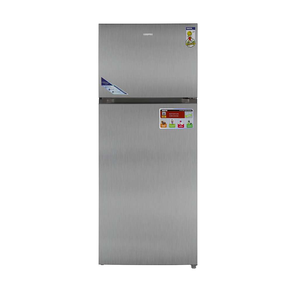 Geepas 595L No Frost Double Door Refrigerator Preserves Freshness Tempered Glass Shelves with Inner LED Light