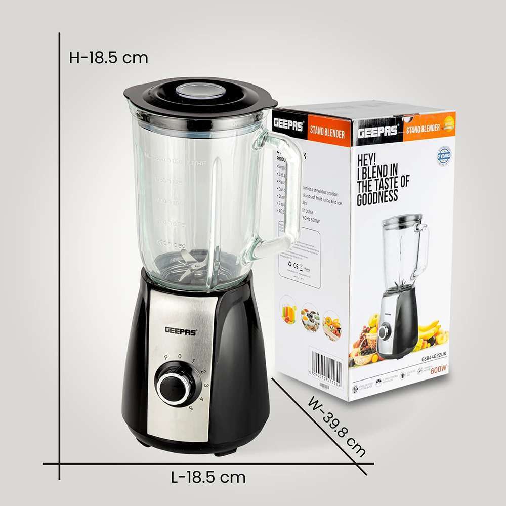 Geepas 1.5L Glass Jug Food Blender Smoothie Maker 5 Speed Control with Pulse & Stainless Steel Self-Sharping Blades 600W 8