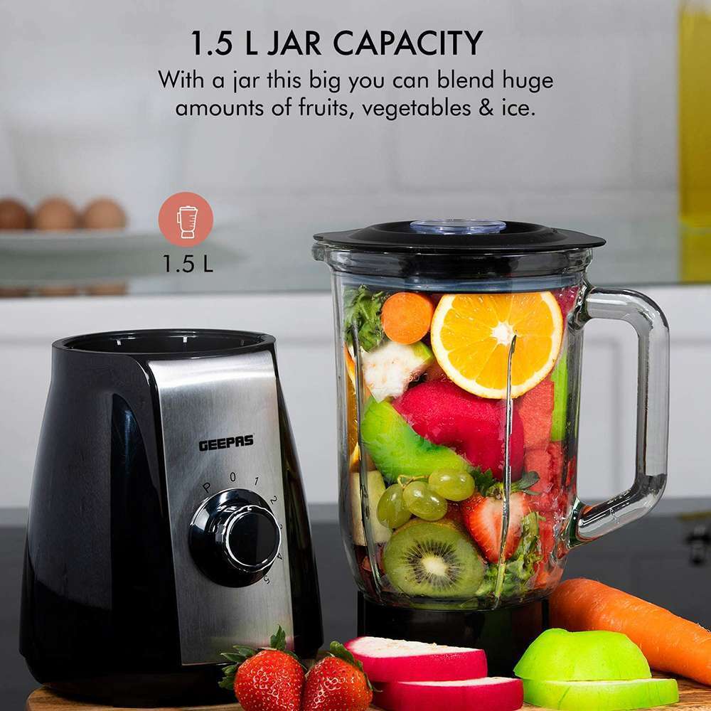 Geepas 1.5L Glass Jug Food Blender Smoothie Maker 5 Speed Control with Pulse & Stainless Steel Self-Sharping Blades 600W 5