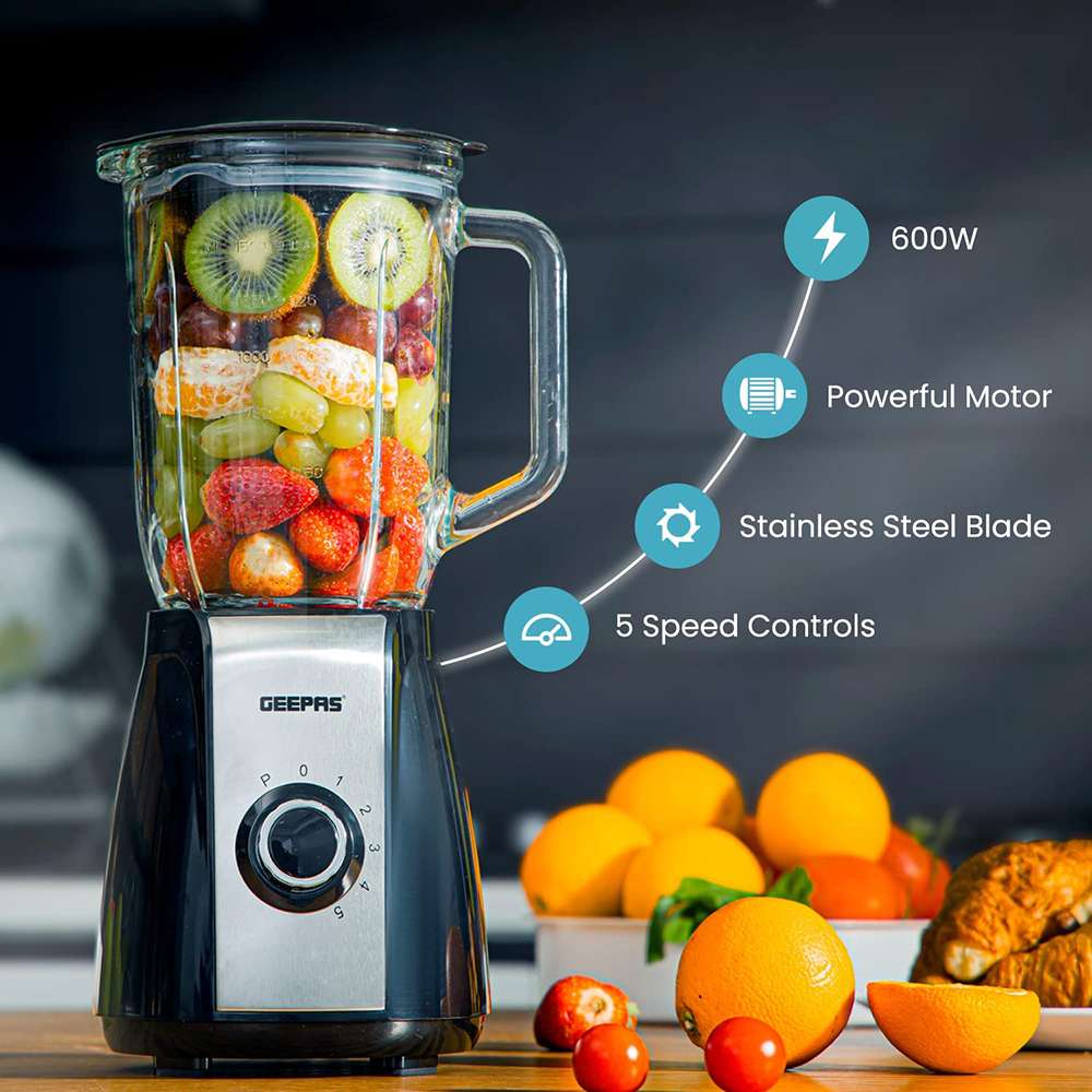 Geepas 1.5L Glass Jug Food Blender Smoothie Maker 5 Speed Control with Pulse & Stainless Steel Self-Sharping Blades 600W 7