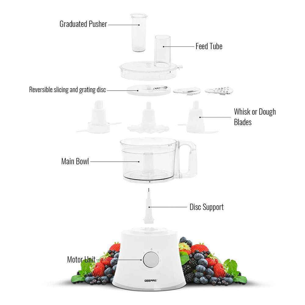 Geepas 1.2L 10 in 1 Food Processor Blender Dual Speed with Pulse Function & Stainless Steel Self-Sharpening Blade 500W 1