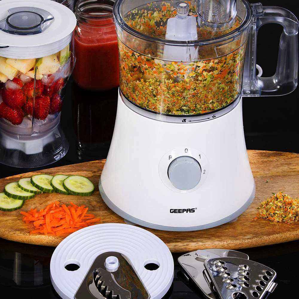 Geepas 1.2L 10 in 1 Food Processor Blender Dual Speed with Pulse Function & Stainless Steel Self-Sharpening Blade 500W 7