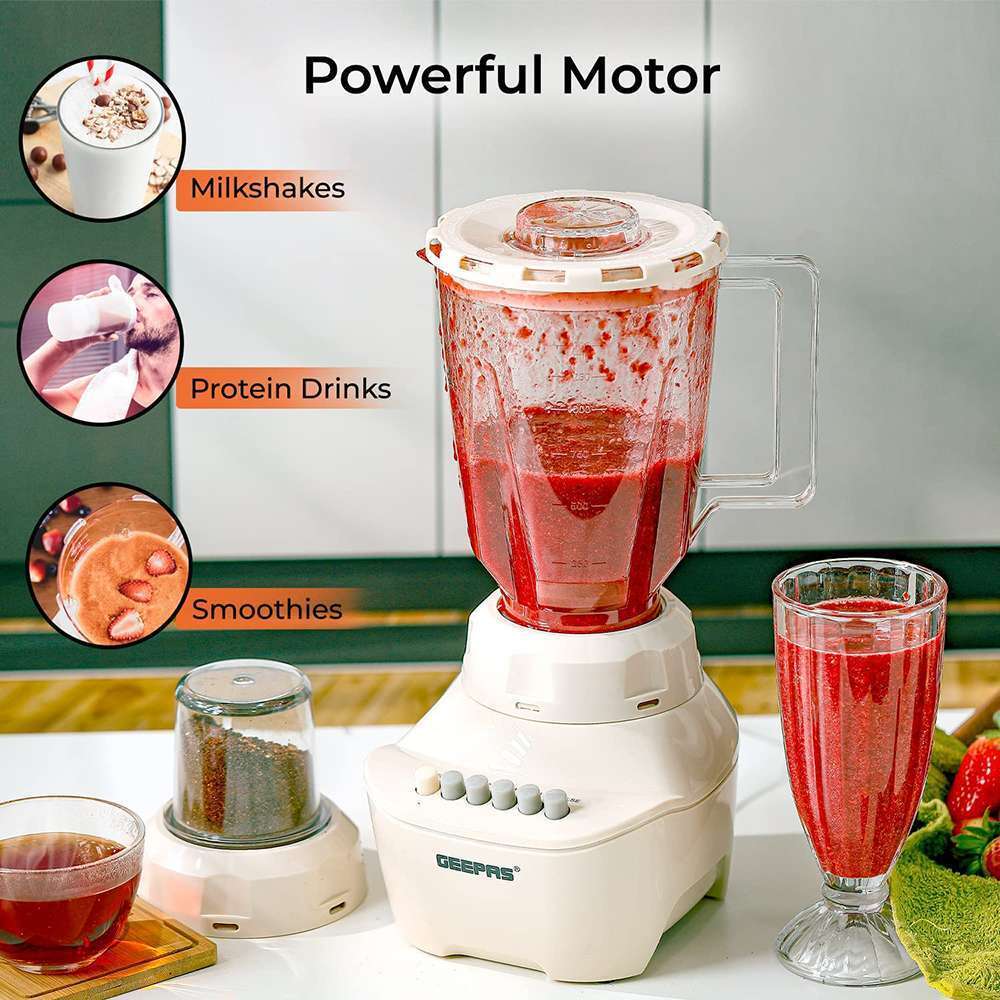 Geepas 1.5L 2 In 1 Blender - Double Stainless Steel Cutting Blades 4 Speed Control with Pulse & Overheat Proctection 250W 5
