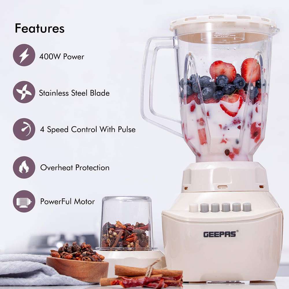 Geepas 1.5L 2 In 1 Blender - Double Stainless Steel Cutting Blades 4 Speed Control with Pulse & Overheat Proctection 250W 7