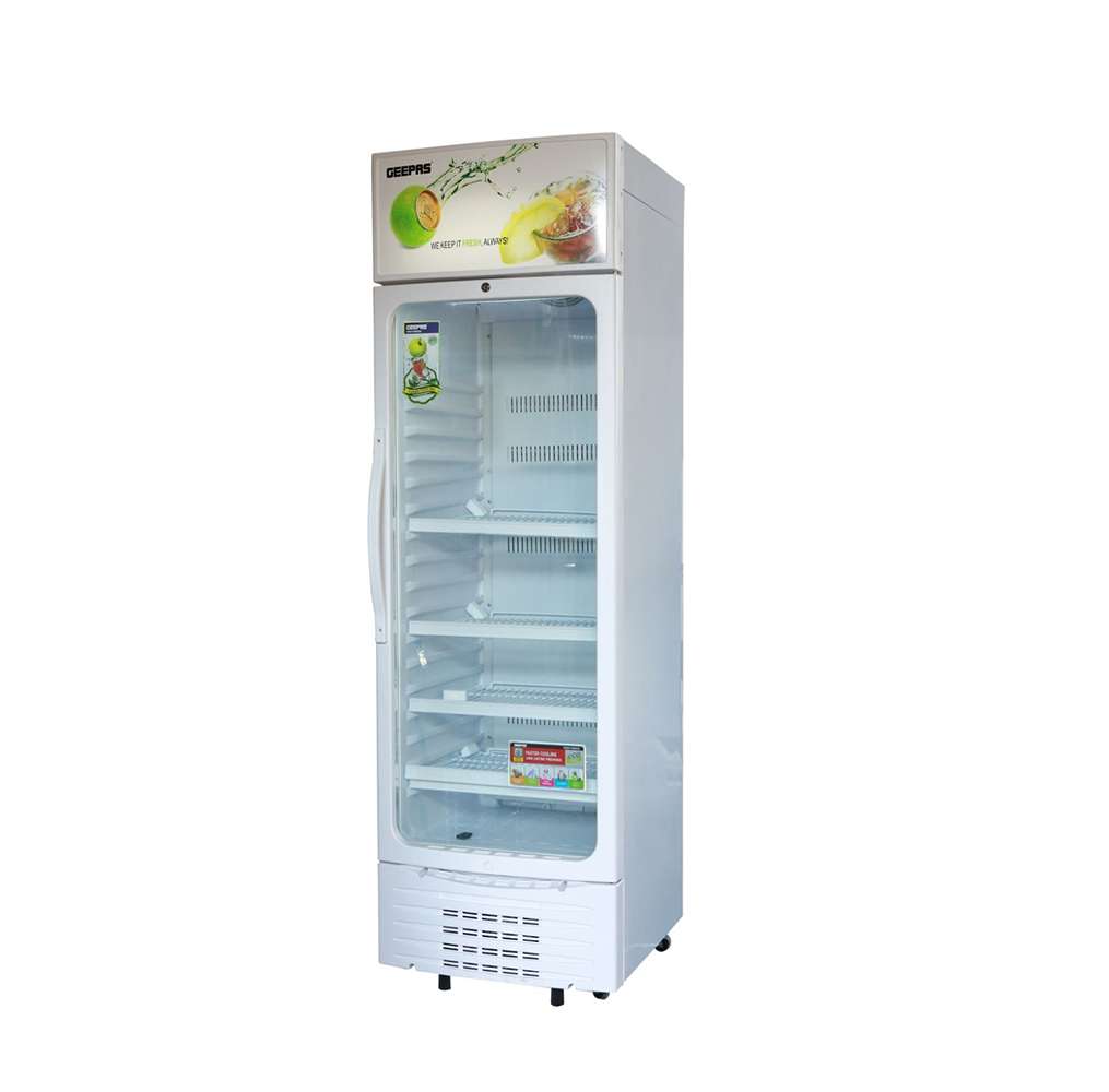 Geepas 380L Upright Showcase Fridge Bottle Cooler with LED Lightning Adjustable Thermostat 1