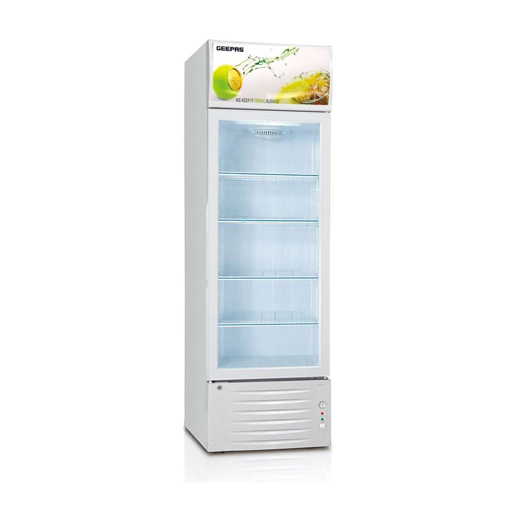 Geepas 380L Upright Showcase Fridge Bottle Cooler with LED Lightning Adjustable Thermostat