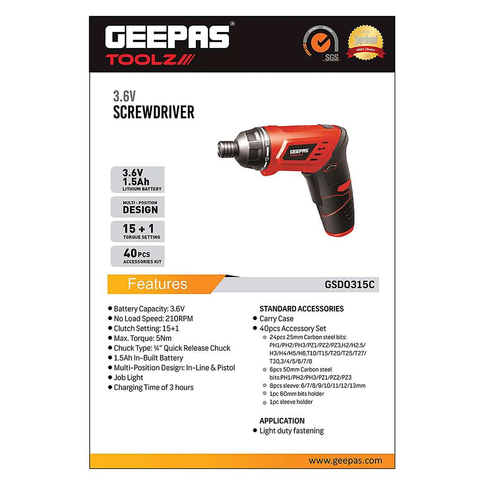 مفك البراغي اللاسلكيّ (Geepas) ببطارية (3.6V) و المكون من (40) قطعة و رأس فك باللون الأحمر و الأسود موديل (GSD0315C-240) 4