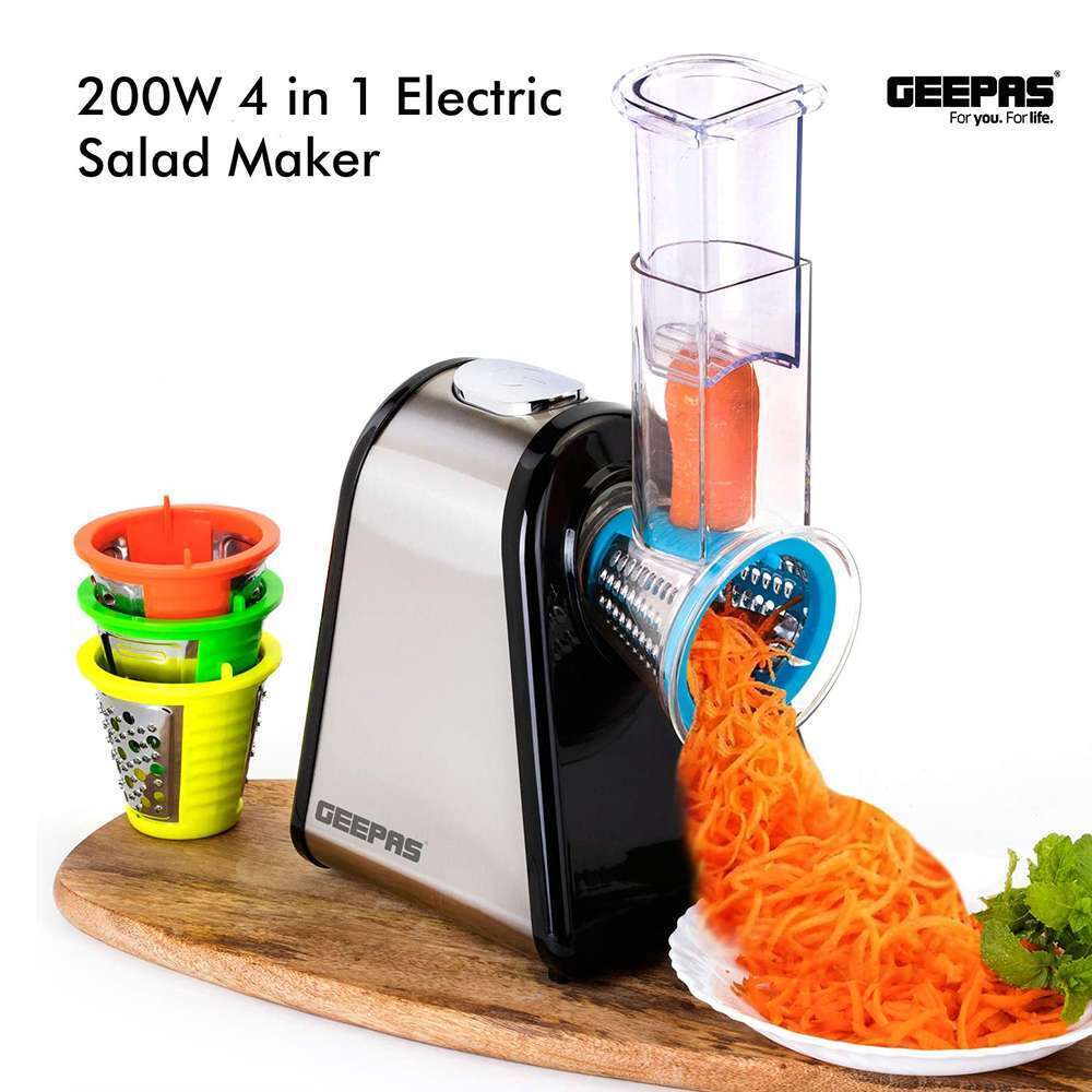 Geepas 4 in 1 Multifunctional Electric Salad Maker Cylindrical Design Quet Operation 200W Black & Silver 1