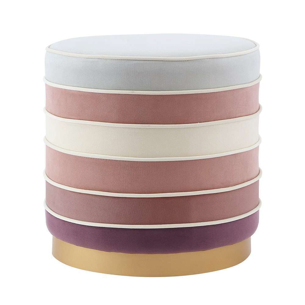 Ottoman Stool, Pink and White Horizontal Striped Velvet 0