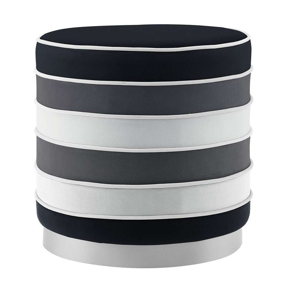 Ottoman Stool, Black, Grey and White Horizontal Striped Velvet 0