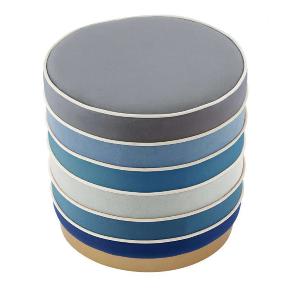 Ottoman Stool, Blue and White Horizontal Striped Velvet 1