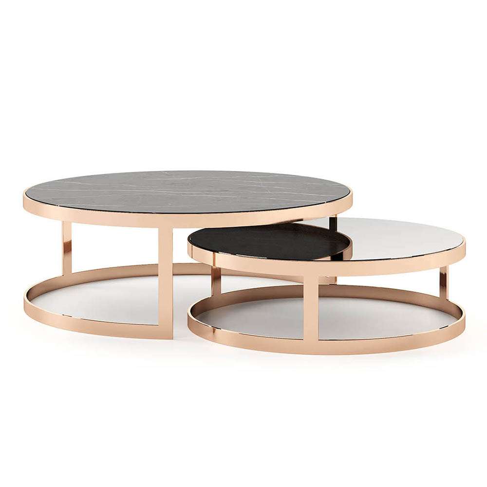 Set of 2 Round Nesting Coffee Table with Stone/White Glass Top 4