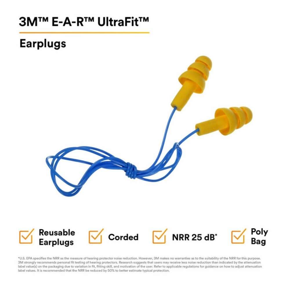 3M 340-4004 Ultrafit Corded Ear Plug, Yellow 100Pairs/Box 12