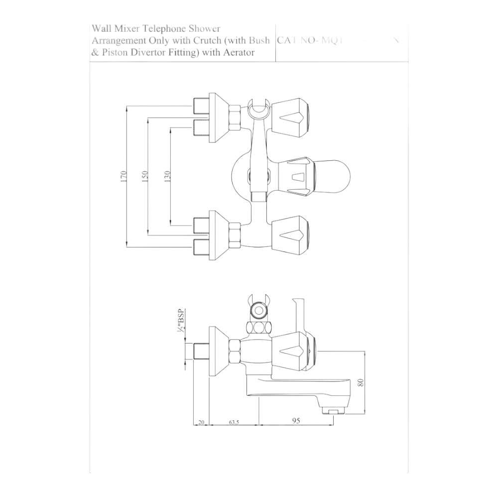 Essco Jaquar (MQT-CHR-517KN) Wall Mounted Bath & Shower Mixer with Telephone Shower Crutch - Chrome 1