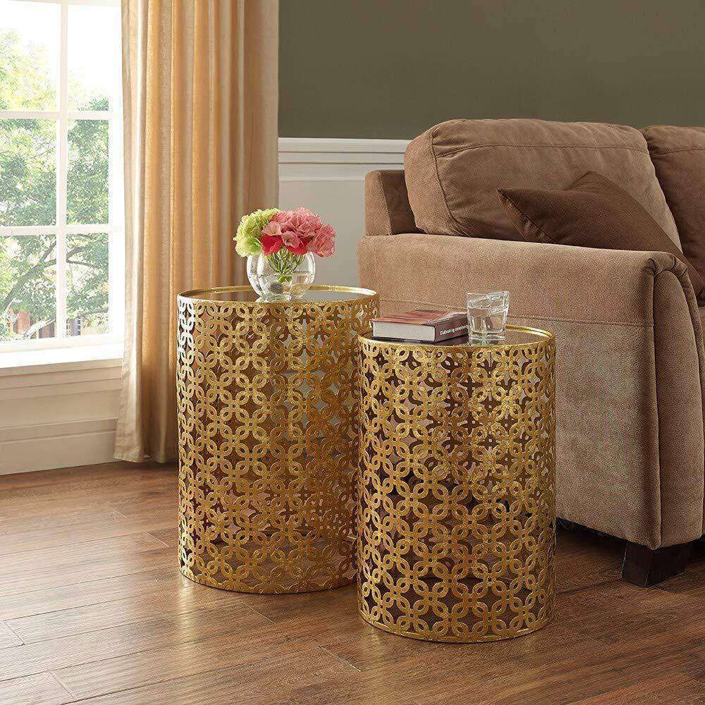 2 Round Side Tables with Marble Top Stainless Steel Gold Finish Base 5