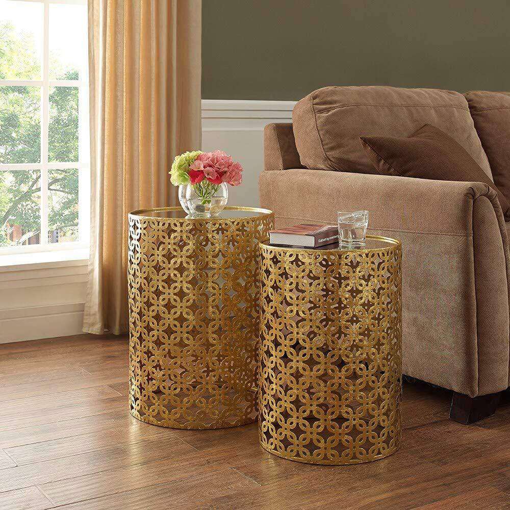 2 Round Side Tables with Marble Top Stainless Steel Gold Finish Base 5