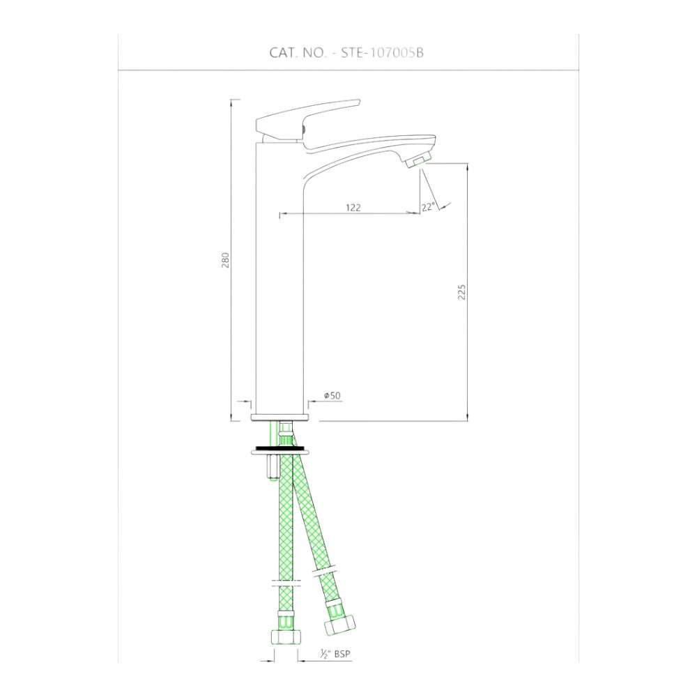 Essco Jaquar (STE-CHR-107005B) 600 mm Long Braided Hoses & Single Lever High Neck Basin Mixer without Popup Waste - Chrome 1