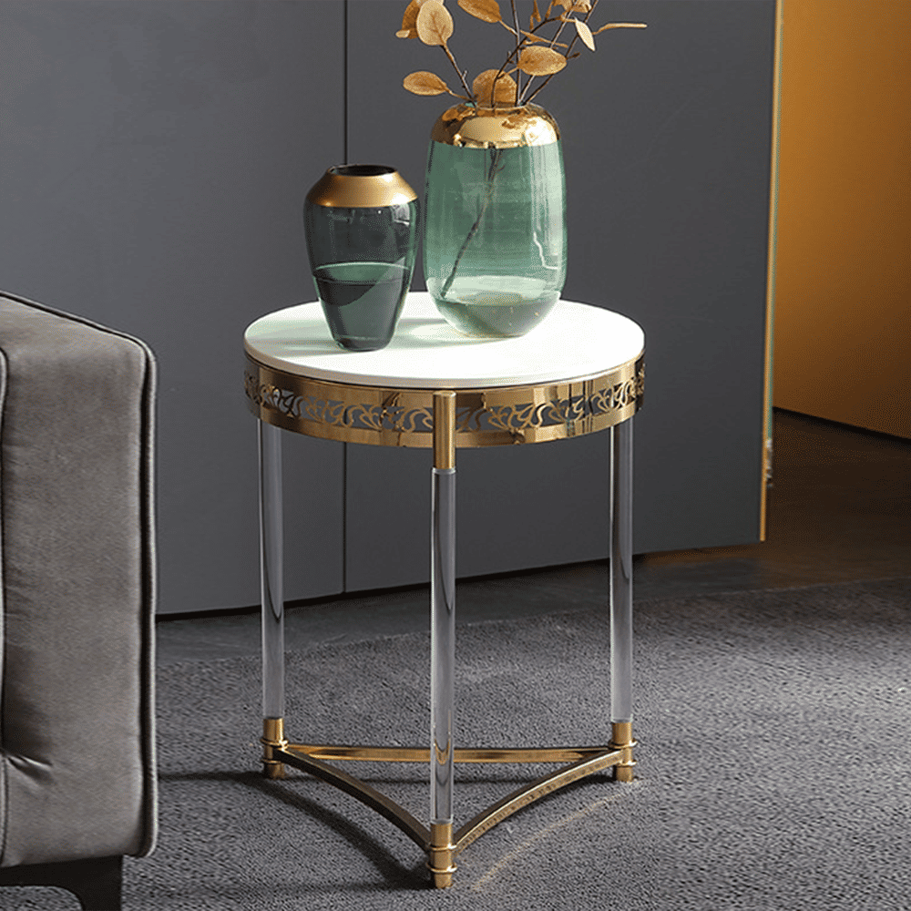 Round Coffee Table with White Marble Top Steel Gold Legs 0