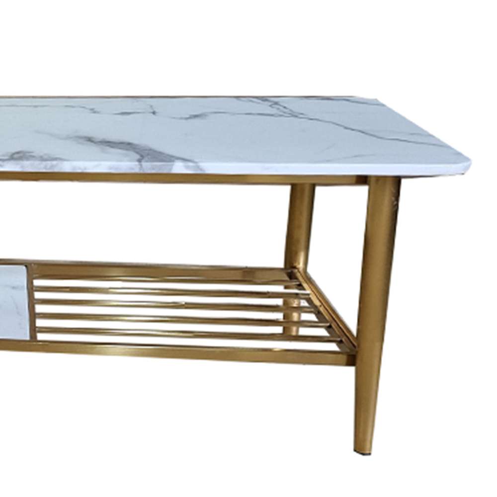 Marble TV Stand with Storage Shelf and Steel Gold Legs Finish 1